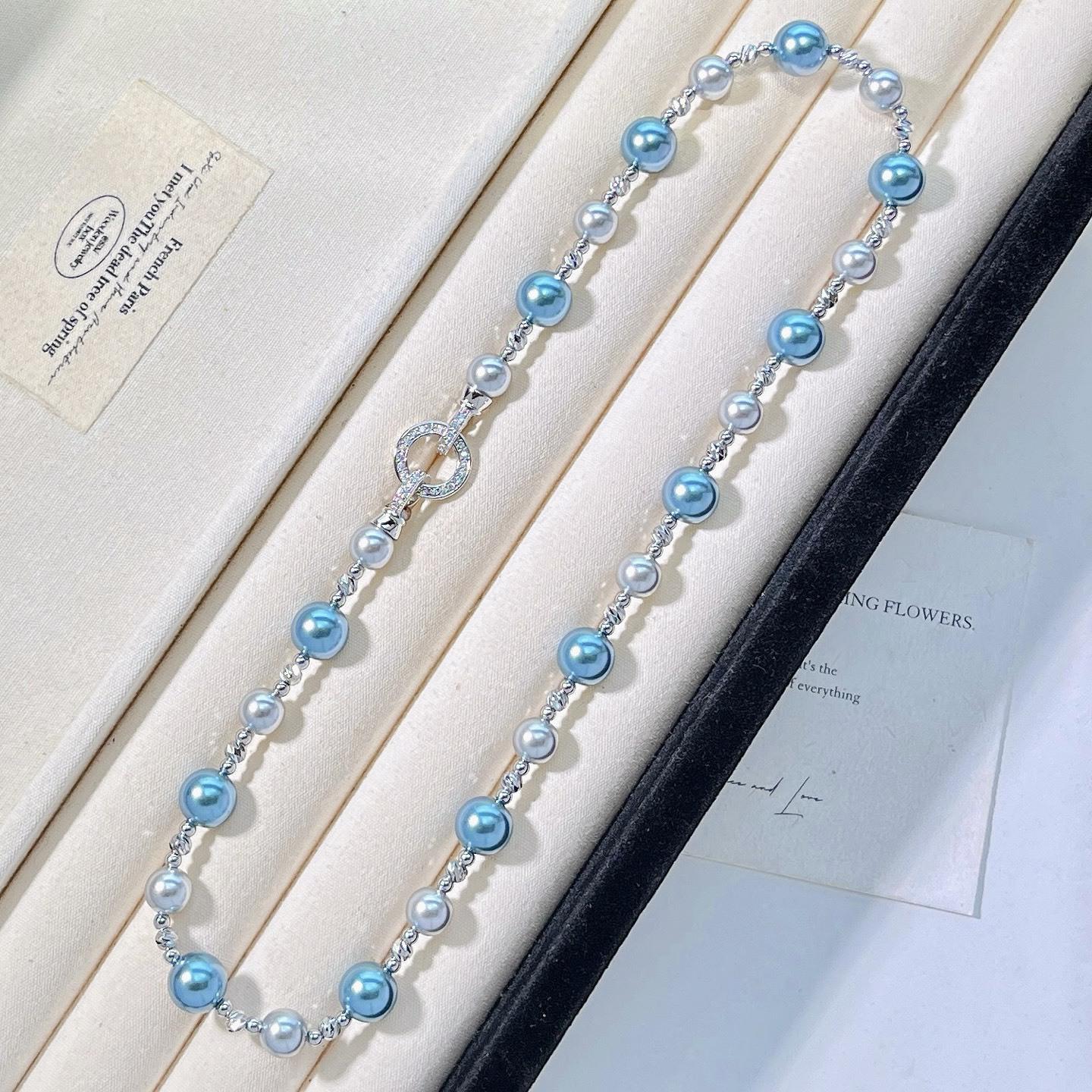 Autumn And Winter High-Gloss Peacock Blue Platinum Gray Artificial Crystal Pearl Design Necklace Collarbone Chain Sweater Chain