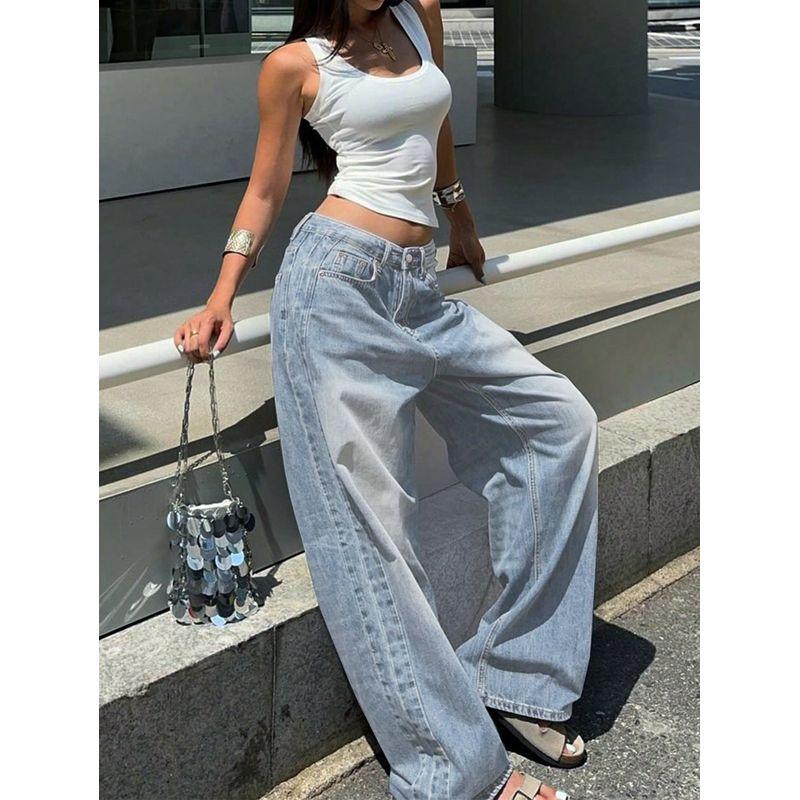 Retro Blue Washed Straight-leg Denim Female American Stylish Loose Easiest for Match Casual Wide-Leg Draggle-Tail Trousers
