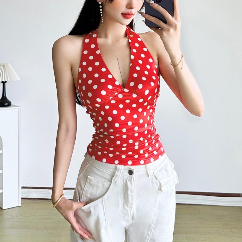 New Polka Dots Halter Neck Tank Tops Women Sexy Low-Neck Vest Slim Fit Off Shoulders Backless Short Tops Street Fashion Sexy Ruched Elegant Outfits