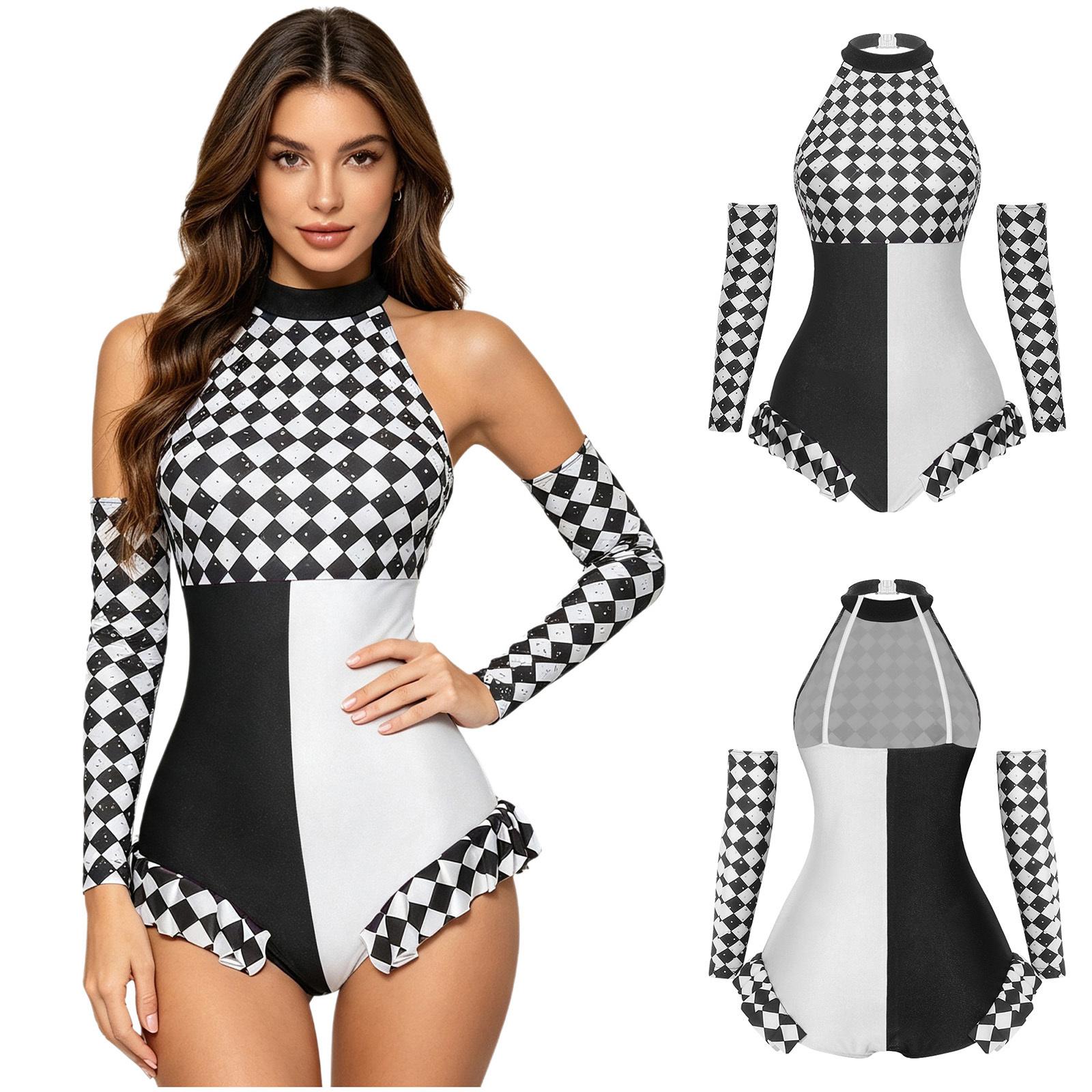 Damen Clown Halloween Party Kostüm Neckholder Rückenfrei Rüschenbesatz Color-Block Trikot mit Strass-Handschuhen Set S weiß