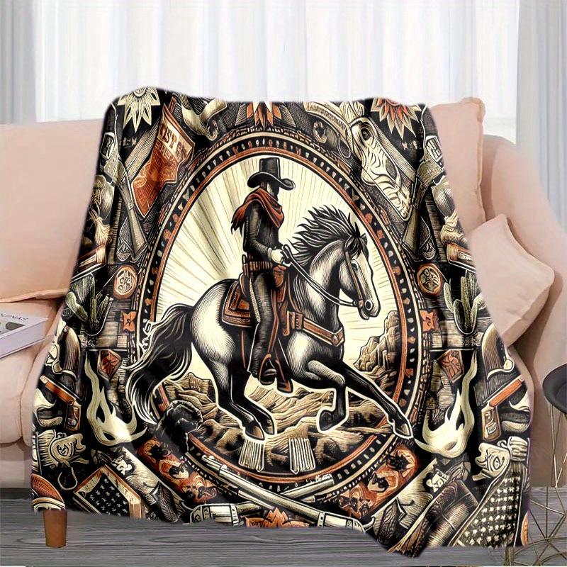 American Cowboy Culture Flannel Blanket - Contemporary Style, Polyester, Knitted, Digital Print, All-Season, Tear Resistant