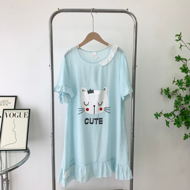 Nightdress Women's Summer Student K-style Cute Loose Plus Size Summer Short-Sleeved Linen Pajamas Women's Cartoon Lace Homewear