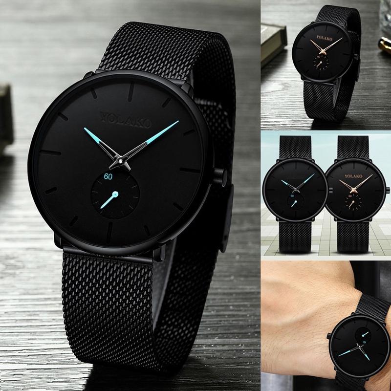 

Классический Черный Wristwatch сетки пояса Ultra Тонкие часы Бизнес Кварц Смотреть Подарки для мужчин