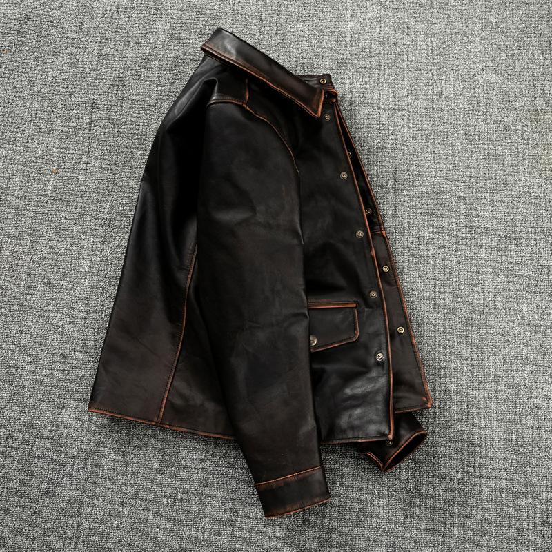 Top Layer Tea Core Horse Leather Genuine Leather Jacket for Men Slim Dispatcher Casual Jacket