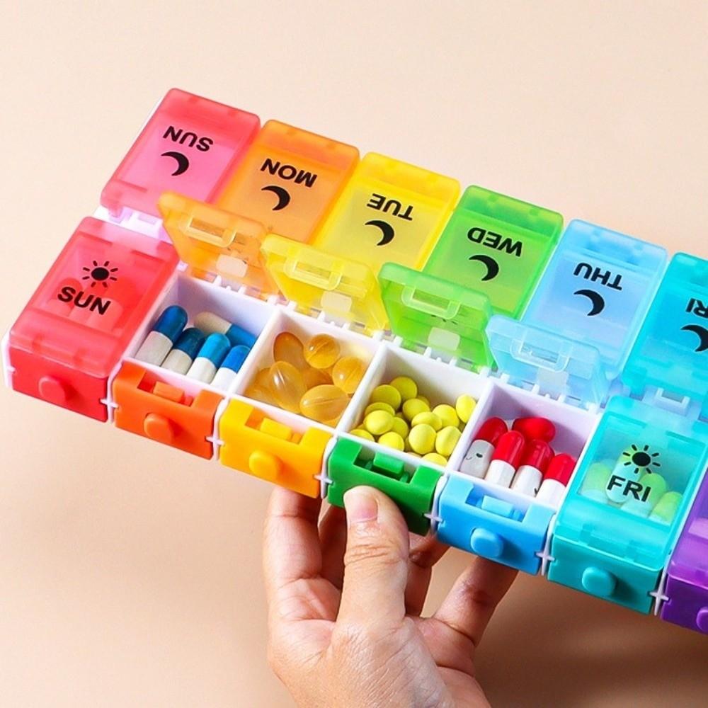 Portable Button-Press Lid Pill Box Weekly Travel Pill Cases Box 14 Grids Pills Container  Men/Women