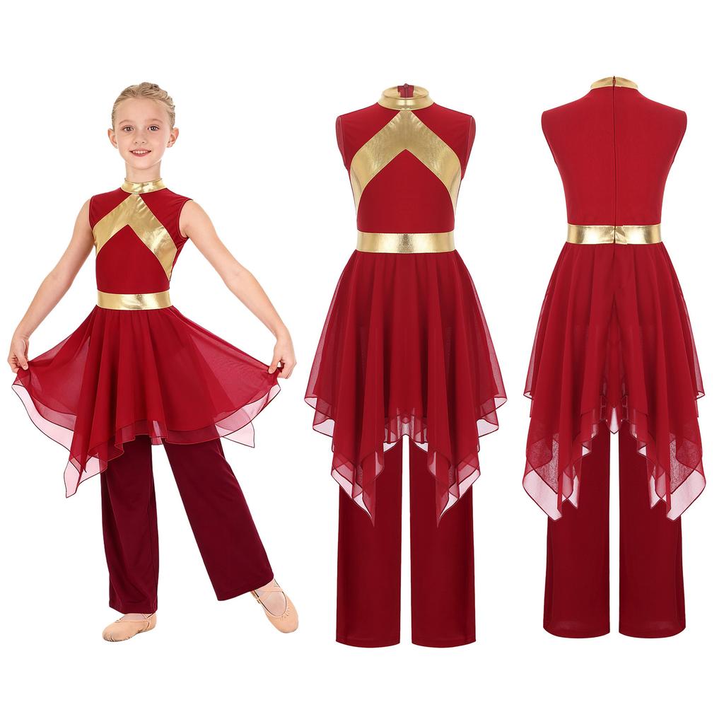 Praise Dance Costume for Kids Girls: Asymmetrical Sleeveless Metallic Dress & Comfortable Wide-Leg Pants with Elastic Waist