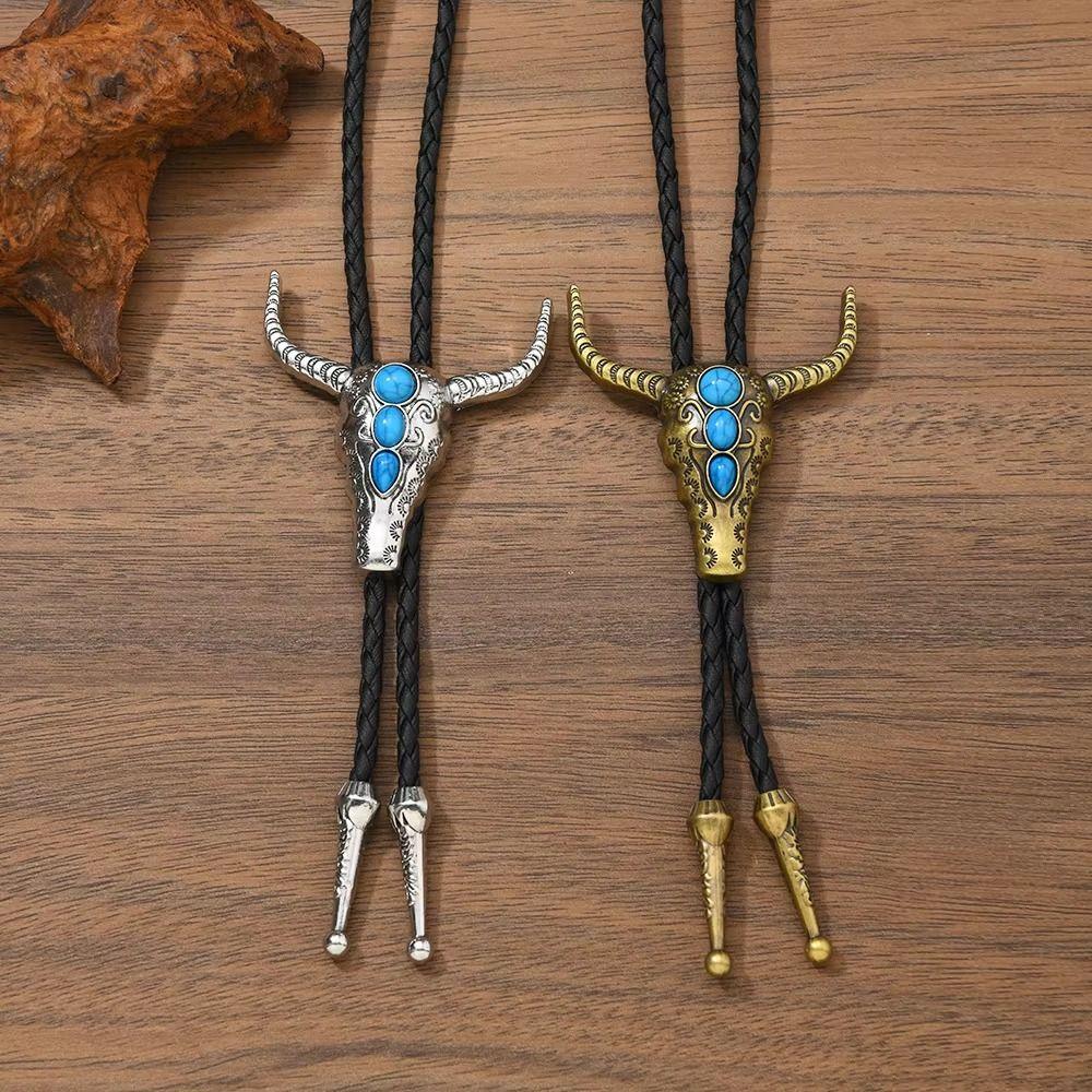 Adjustable Bolo Tie Necklaces Turquoise Vintage Sweater Chain Trendy Bull Head Necklaces Men Women