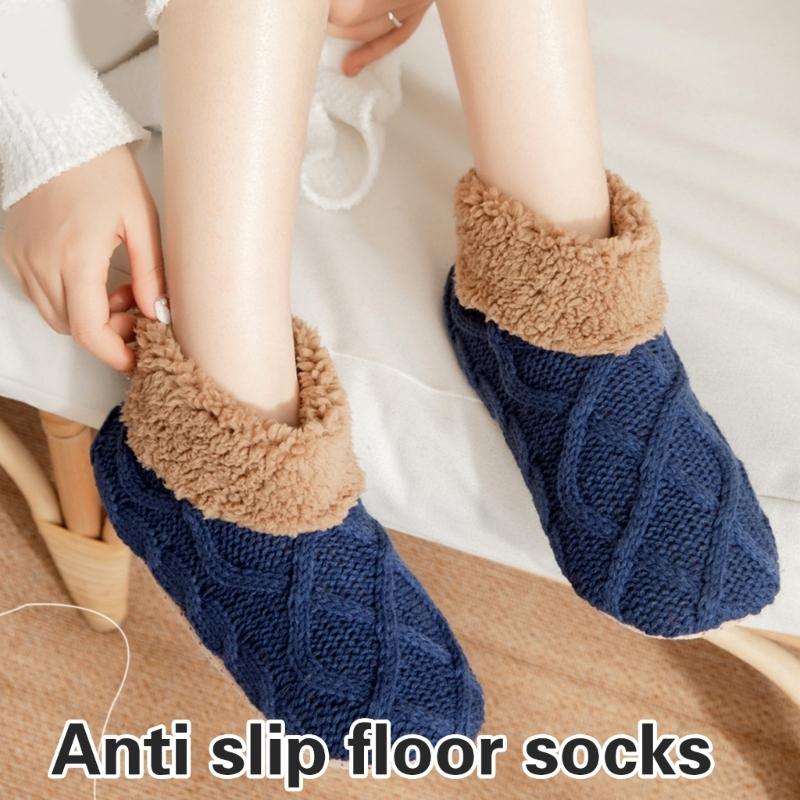 Unisex Thermal Knit Ankle Socks for Cold Weather Nonslip Grip Bottom Soles Floor Socks Thick Fleece Lined Slipper Socks