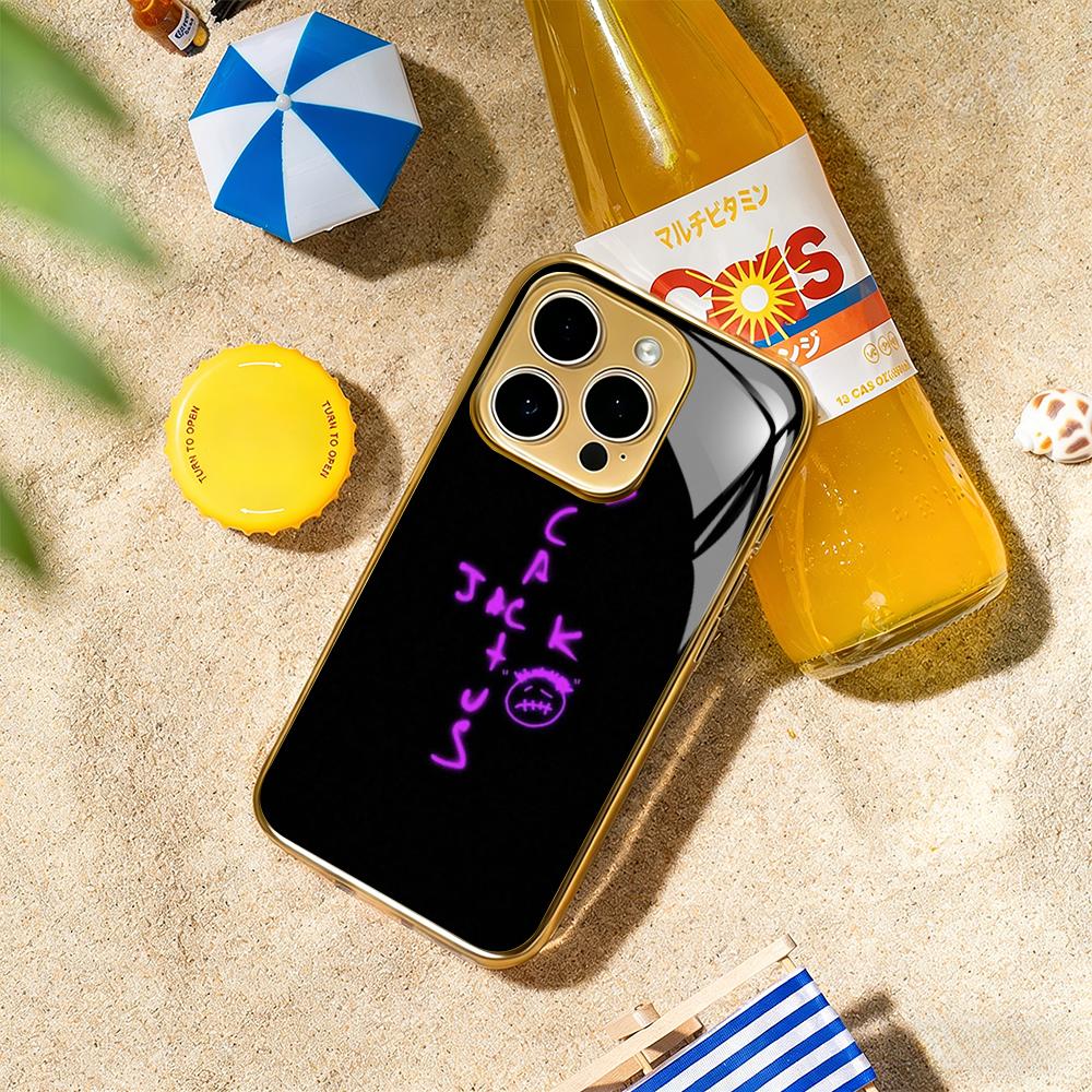 

Fashion Travis scott logo pattern Phone Case For iphone 17 16 15 14 13 12 11Pro Plus Max Luxury Gold-plated glass Phone Case iPhone 12