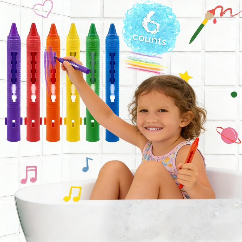 6pcs Washable Colorful Bath Crayons Set, Easy-Clean Bathtub Markers for Kids, Non-Toxic & Rinse Off Easily School Supplies