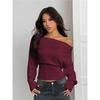 Women Off Shoulder Knit Sweater One Line Neck Loose Batwing Sleeve High Waist Slim Fit Casual Pullover Jumper Top