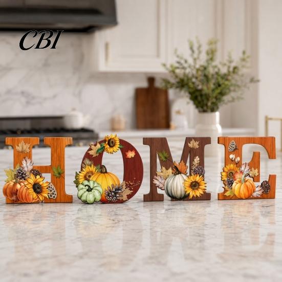 Flexible Letter Wall Decor 4PCS Wooden HOME Sign, with Wood Grain Texture Decor, Split Warm Autumn Atmosphere Design, Rustic Style Hanging for