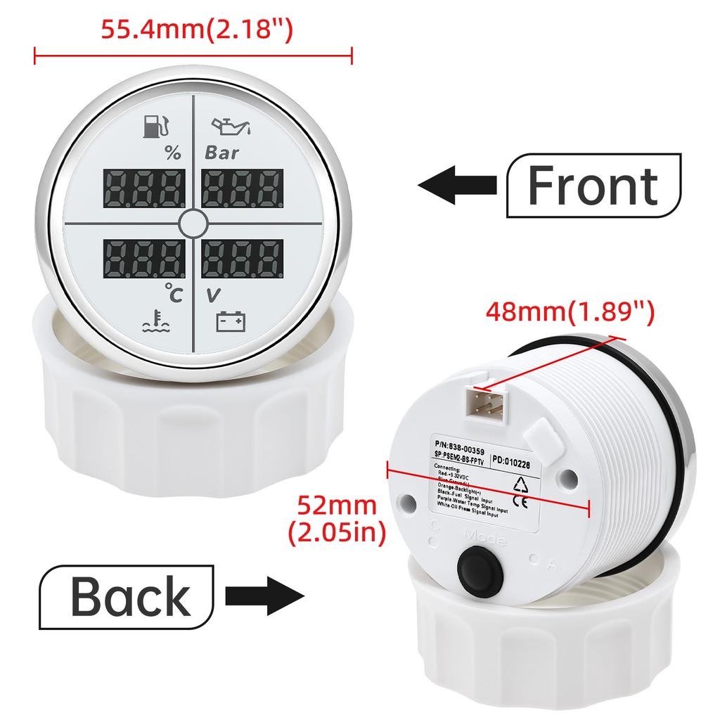 8 Colors Backlight Digital 52mm Car 4 In 1 Multifunction Gauge with Fuel Level Oil Pressure Water Temp Voltmeter Temp Sensor
