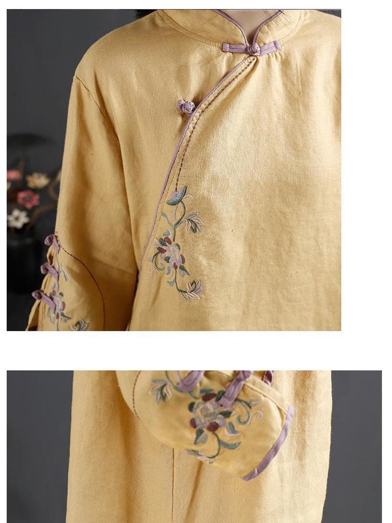 2024 Retro Chinese-Style Embroidered Cotton Linen Shirt - Women's Spring/Summer Stand-up Collar Top