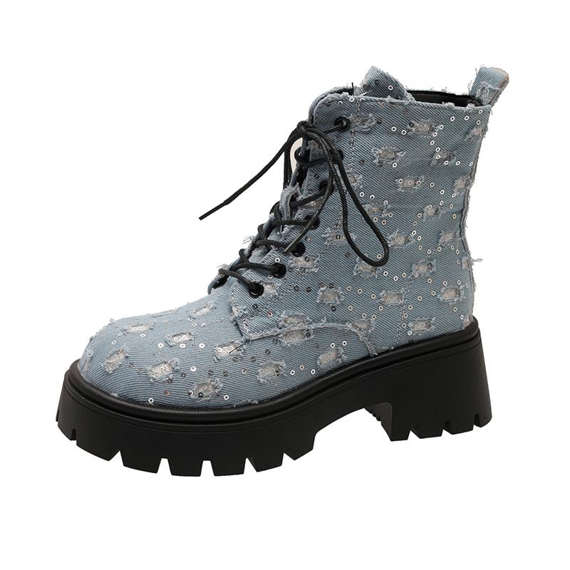 

мода Горячие продажи Новые женские ботинки На шнуровке Туфли на высоком каблуке для женщин Круглый носок Квадратный каблук Современные ботинки Уличные Платье Ботинки на платформе 41 небесно-голубой