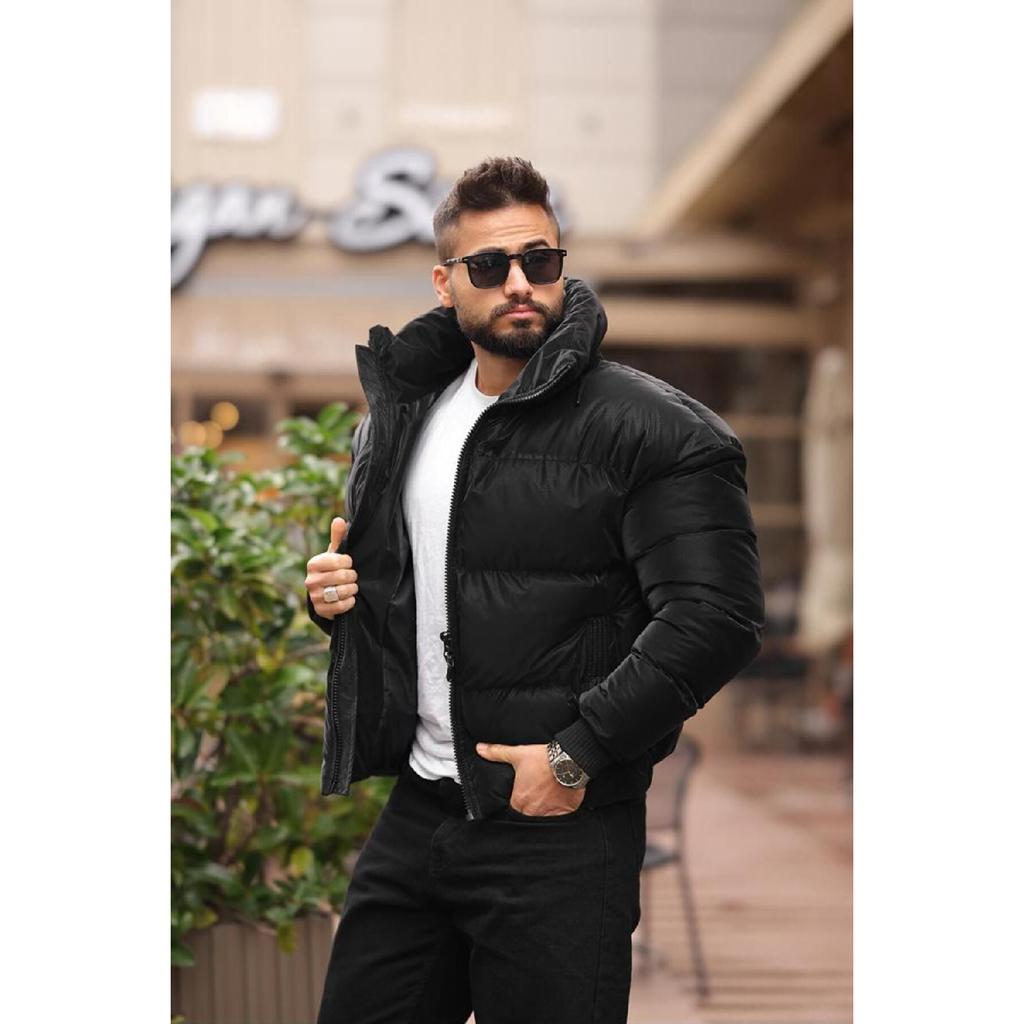 Concealable Hooded Men's Puffer Nubuck Leather Coat