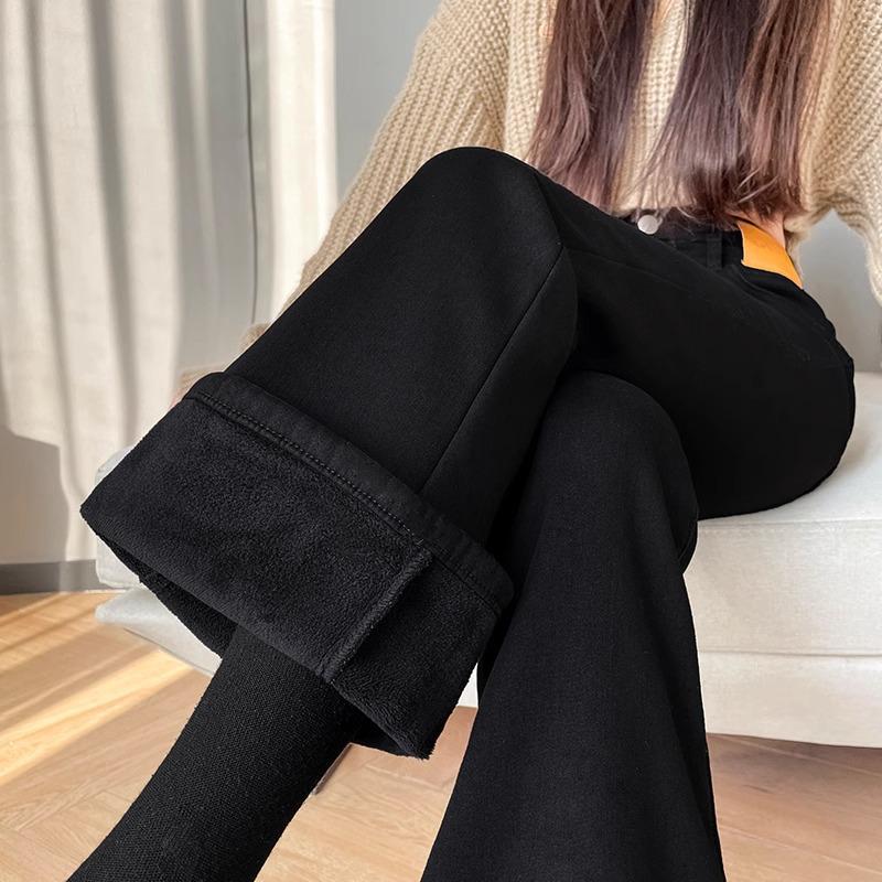 Fleece-Lined High-Waisted Black Flared Jeans for Women - Petite, Slimming Pants for Autumn/Winter 2024