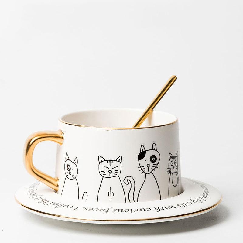 Cartoon Cat Shaped Tea Cup and Saucer Spoon Set Ceramic Coffee Cup Mug With Golden Handle 200ML Nordic Porcelain Coffee Mug 101-200ml белый