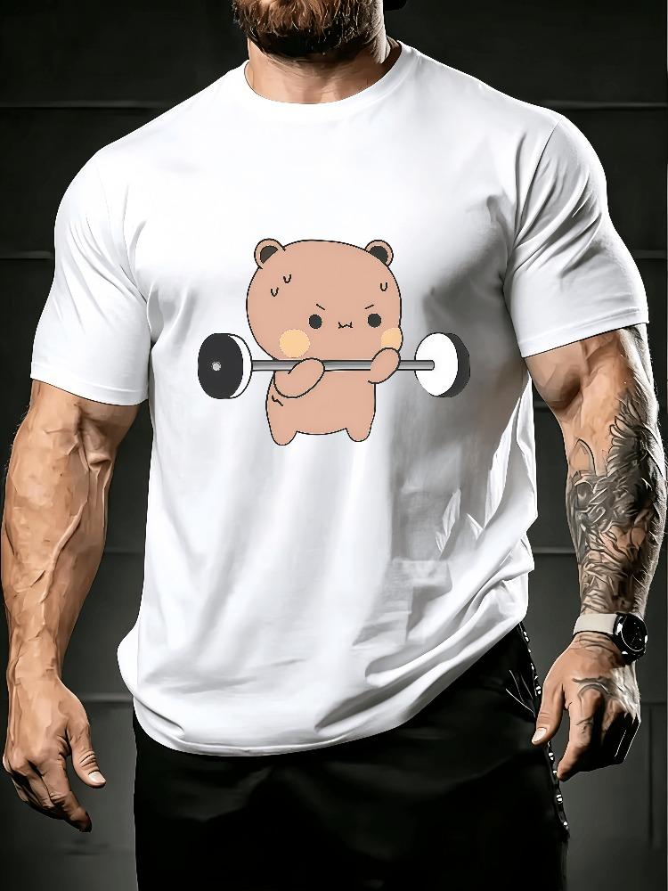 Unisex Red Crew Neck Tee Weightlifting Bear Cartoon Print Oversized Short Sleeve Unisexs Summer Streetwear Casual Daily Basic Wear Top
