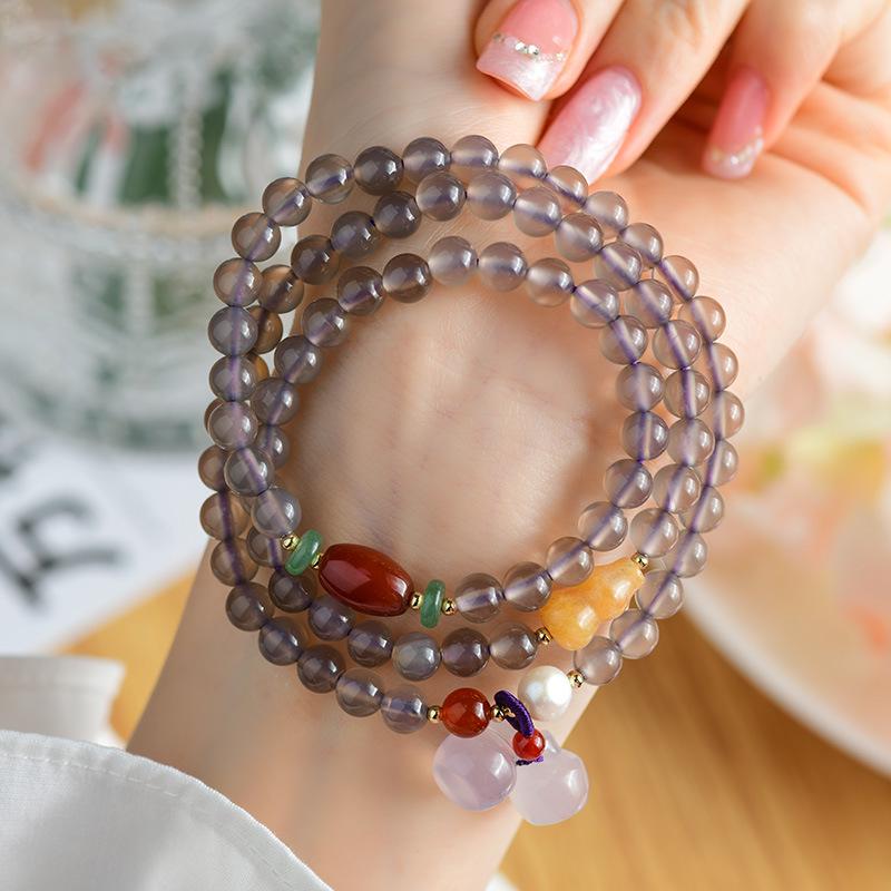 

Vintage Grey Agate Multi-Turn Bracelet with Apple Pendant - Elegant Women s Jewelry