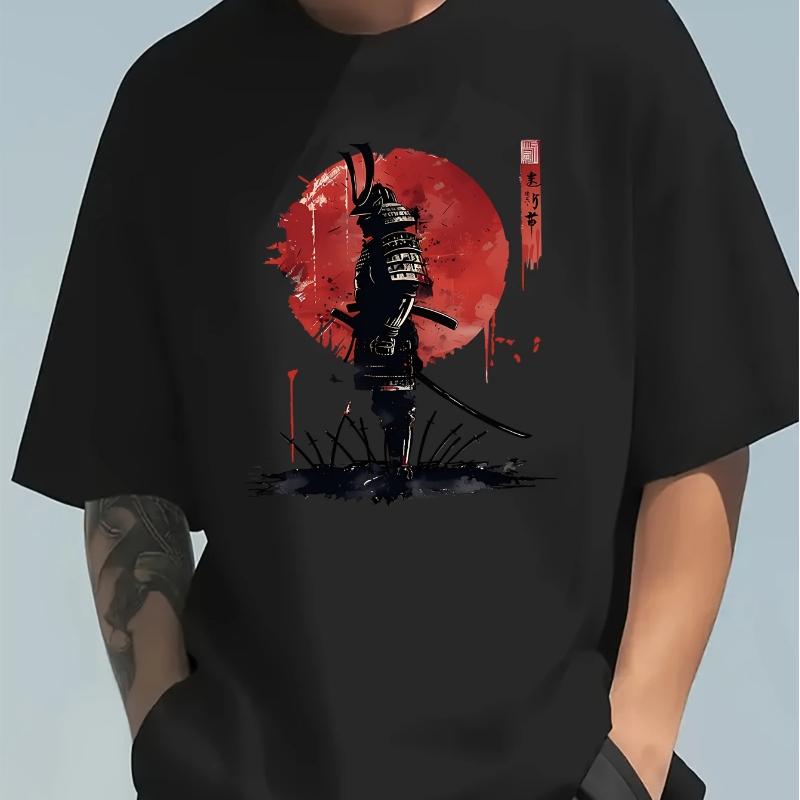 

Men s Summer 100 Cotton Fashionable Casual Loose Japanese Samurai Pattern Printed Round Neck Short Sleeve T-shirt Top XL чорний