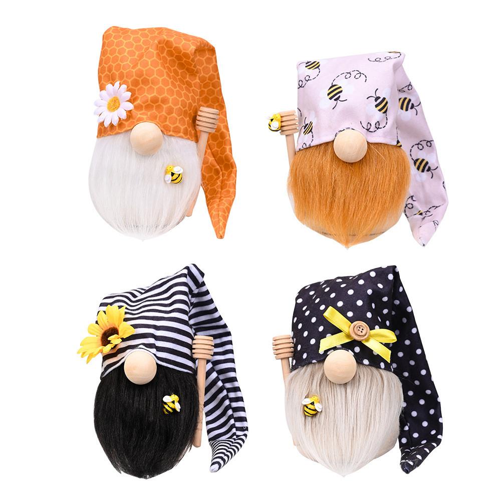 Delightful Bee Festival No Face Doll Figurine With Cheerful Daisy And Sunflower Prints