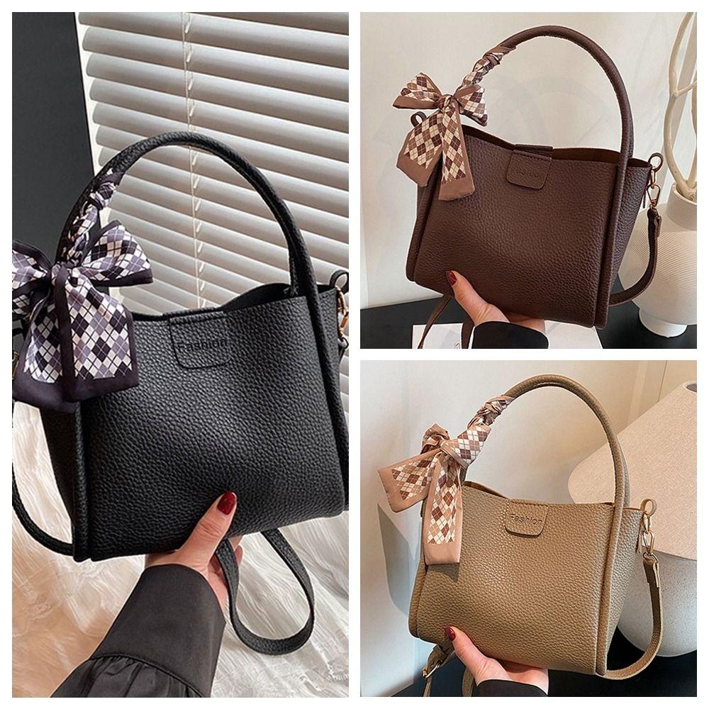 Solid Color Pu Leather Bucket Bag Versatile Women 's Handbag Temperament Crossbody Bag  Outdoor