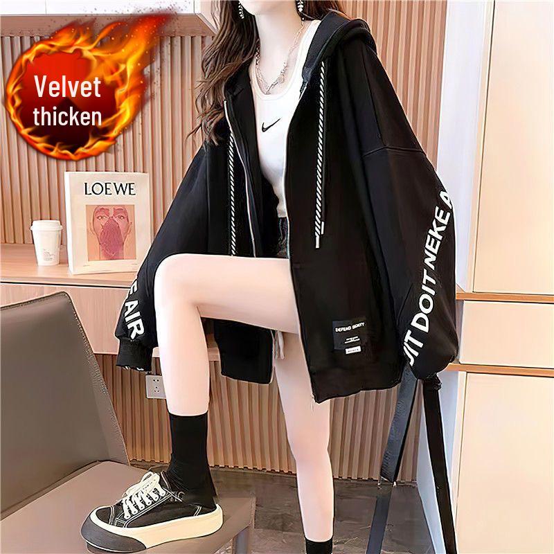 

Женская толстовка с капюшоном на флисовой подкладке Осень/Зима 2025 - Тонкий корейский стиль, Свободный крой, Принт с буквами, Кардиган с длинным рукавом Extra Extra Large