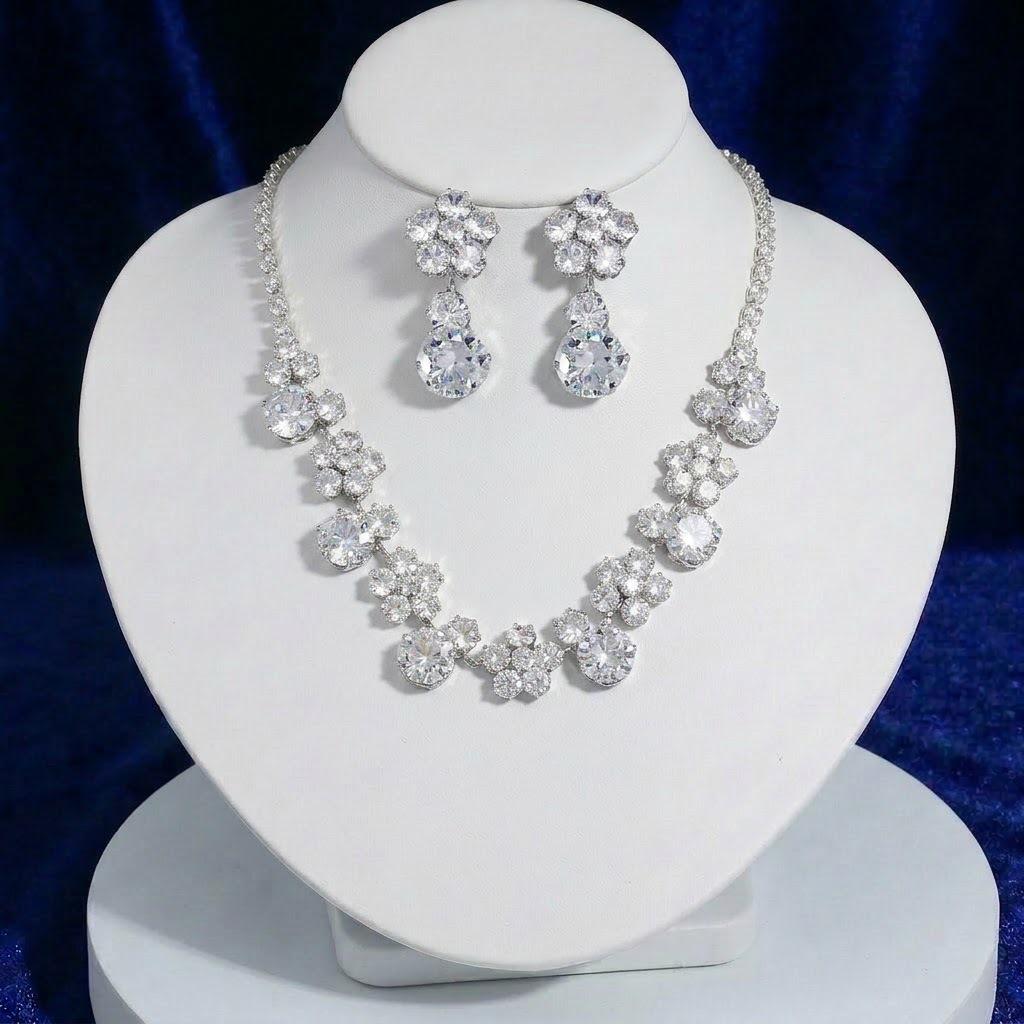 Fashionable Zircon Earrings & Necklace Set - Colorful Flower Design, Fresh Jewelry with Trendy Collarbone Chain