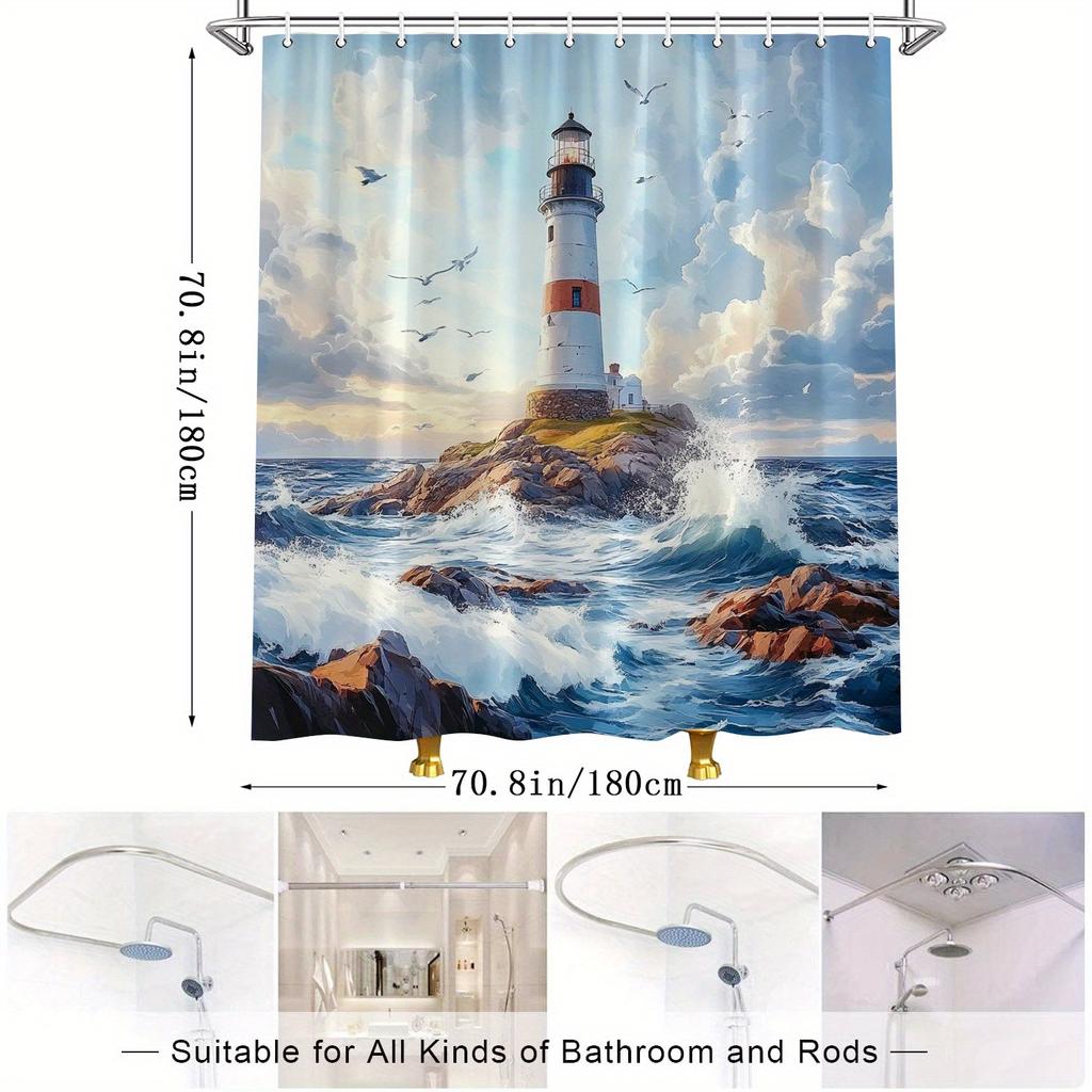 "Seaside Landscape Shower Curtain - Water Tower Castle, Blue Sky Beach Scene, Country Style, Casual Bathroom Decor