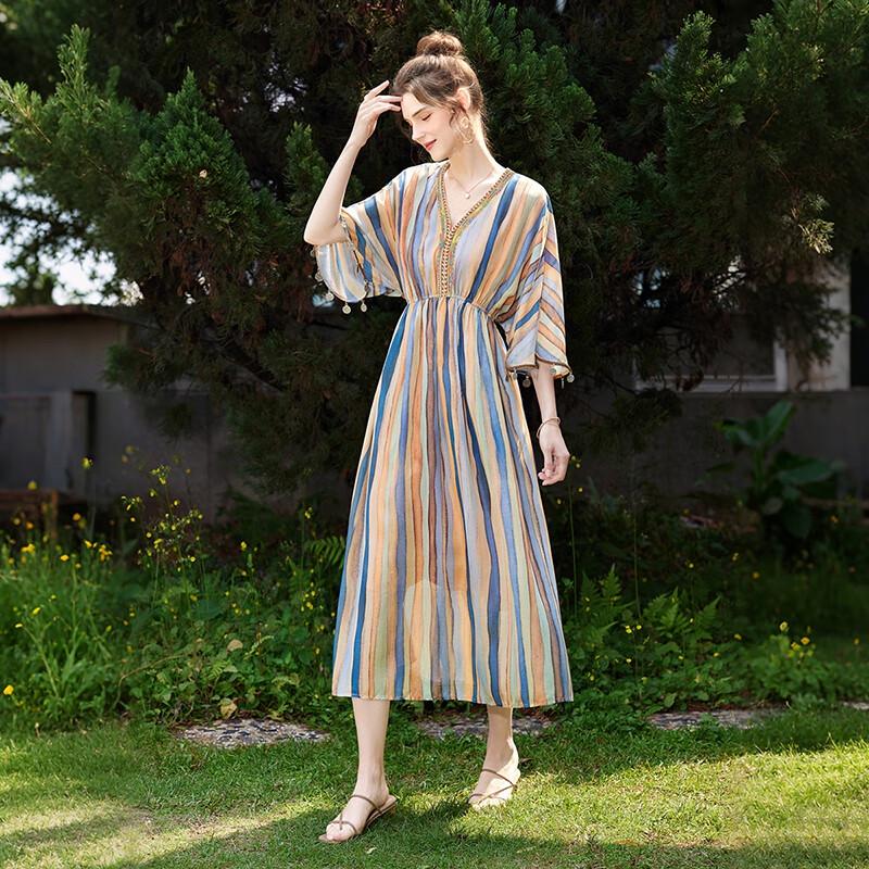 Women's Ethnic Striped V-Neck Midi Dress