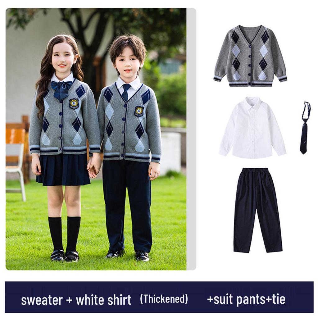 Britský styl Pletený třídílný set školní uniformy pro mateřské a základní školy - Jaro, Podzim a Zima