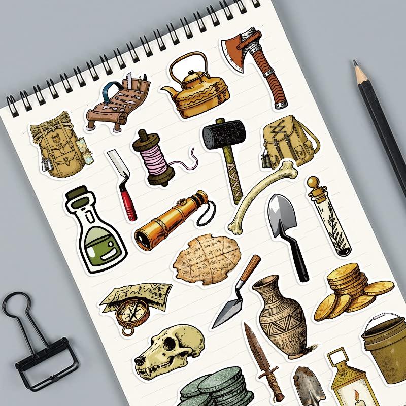 50 Stickers Featuring Cartoonish Vintage Archaeological Tools for Decorating Mobile Phones, Notebooks and Waterproof Stickers