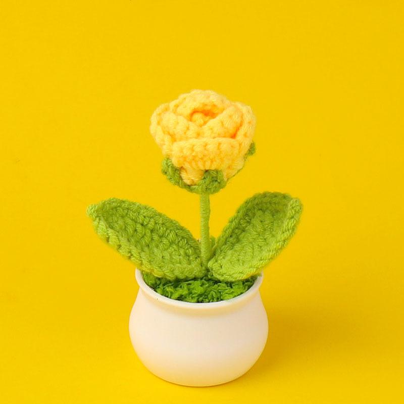 Finished Wool Crochet Rose Flower Potted Home Room Decoration Cute Handmade Knitting Potted Desktop Ornament Christmas Gifts