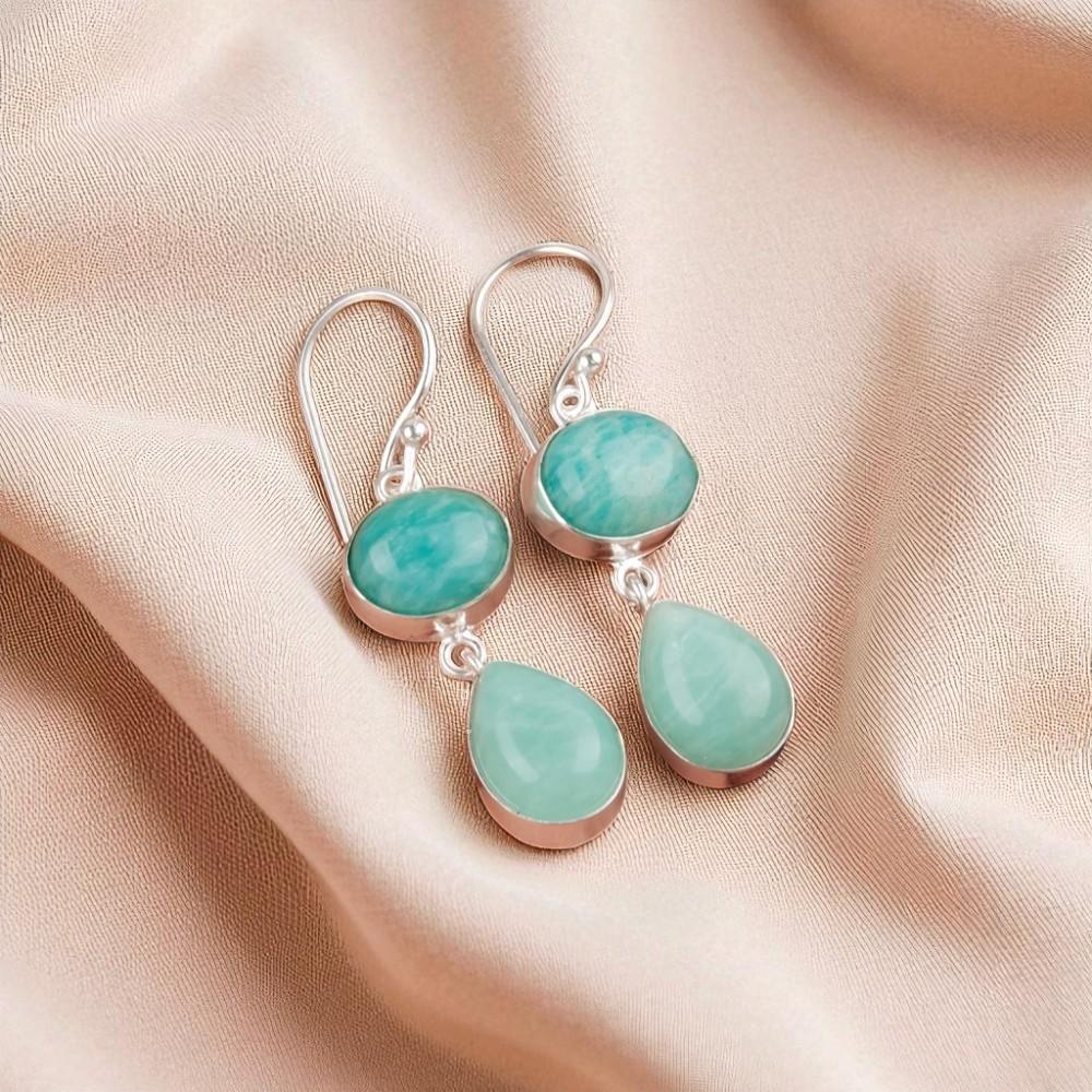 

Редкий Амазонит Драгоценный Камень 925 Стерлинговое Серебро Ювелирные Изделия Ручной Работы Серьги-Крючки 1.88 EE-73-15