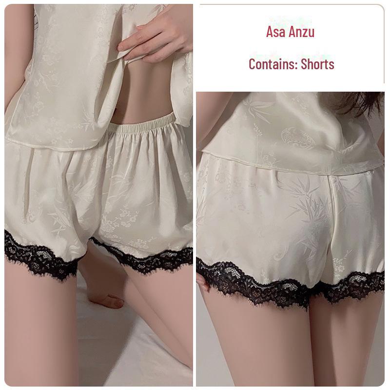 Guiruo Light Luxury Chinese Jacquard Satin Lingerie: Sexy Suspenders, Long Shorts, Outer Robe, Homewear 4-Piece Set.