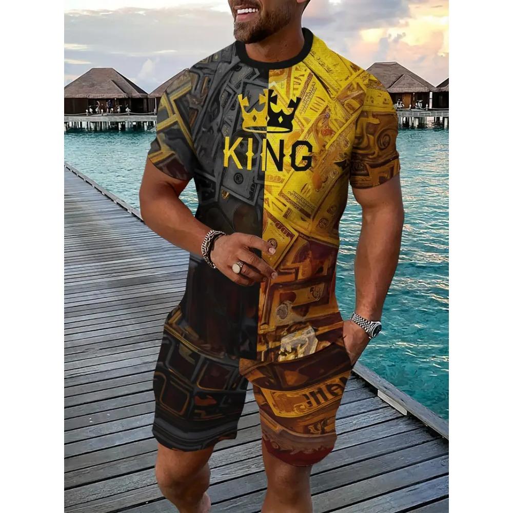 Men's T-shirt and shorts set 3D Crown King print casual Hawaiian T-shirt set