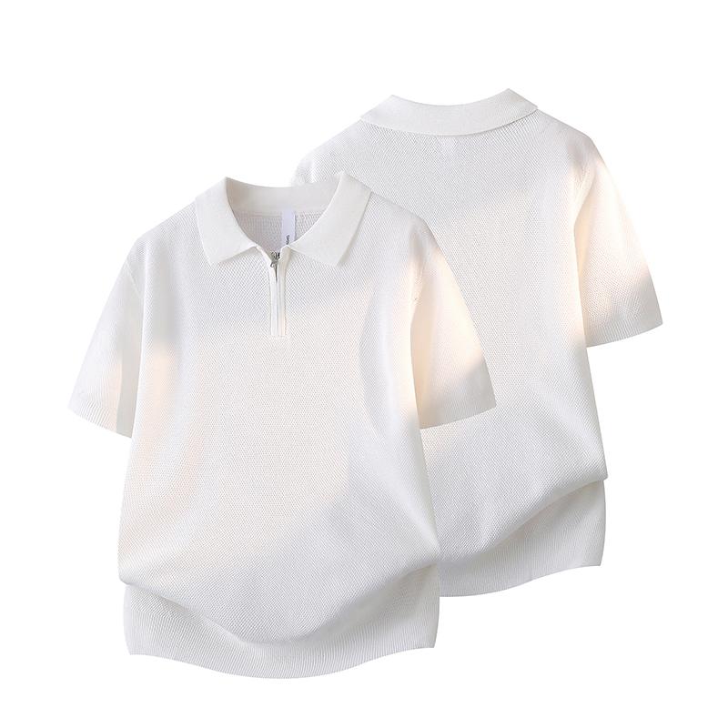 Solid Color Half Zipper Lapel Ice Silk Knitted Sweater POLO Shirt Men's Breathable Thin Short Sleeved T-shirt