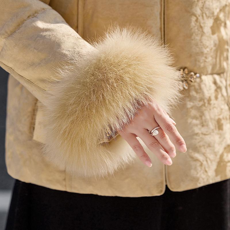 Women's Winter 2025 Jacquard Fox Fur Down Jacket - Short, Round Neck, White Duck Down, New Chinese Style Mother's Coat