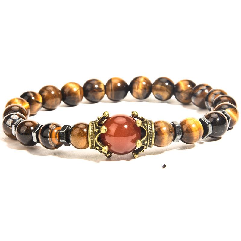 Introducing: Elegant Tiger Eye Stone Big Crown Bracelet with Agate Frosted Beads - European and American Fashion Statement Jewelry.