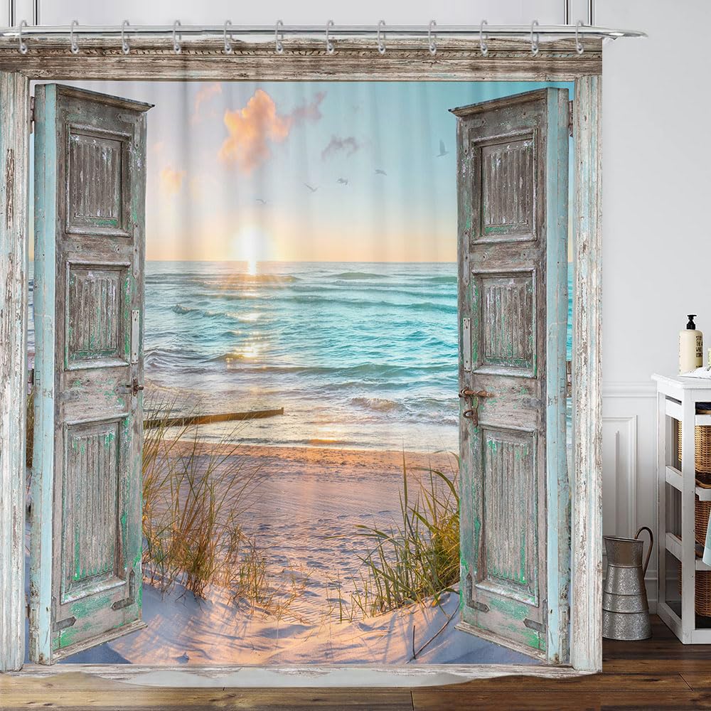 Beach Ocean Theme Shower Curtain for Bathroom Sunrise Sunset View Scene Hawaii Seashore Summer Coastal Seaside Seascape Decor