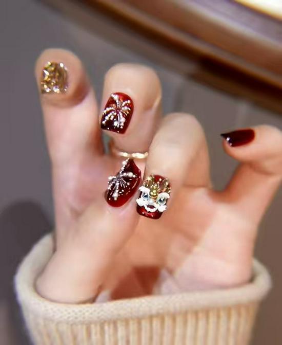 

Handmade Lion Dance Red Firecrackers Nail Art Stickers - Cat Eye Whitening Effect Small