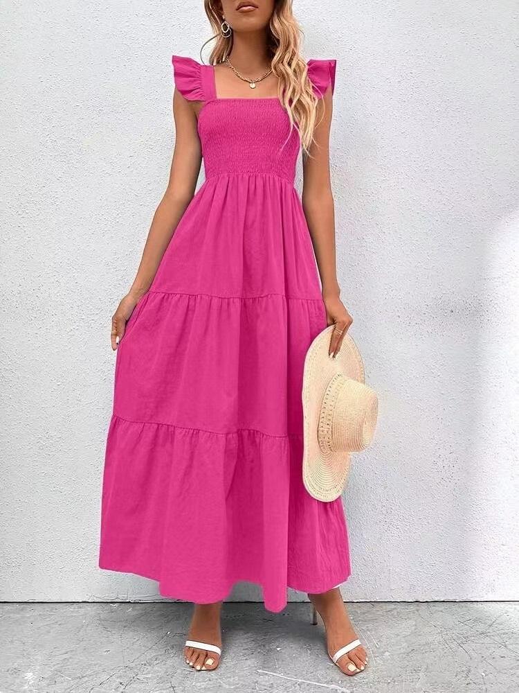 2026 Summer Square Collar Ruffles Sleeve Dress Women's Casual Elegant Solid Patchwork Pleated Empire Lady Party Dress Vestidos