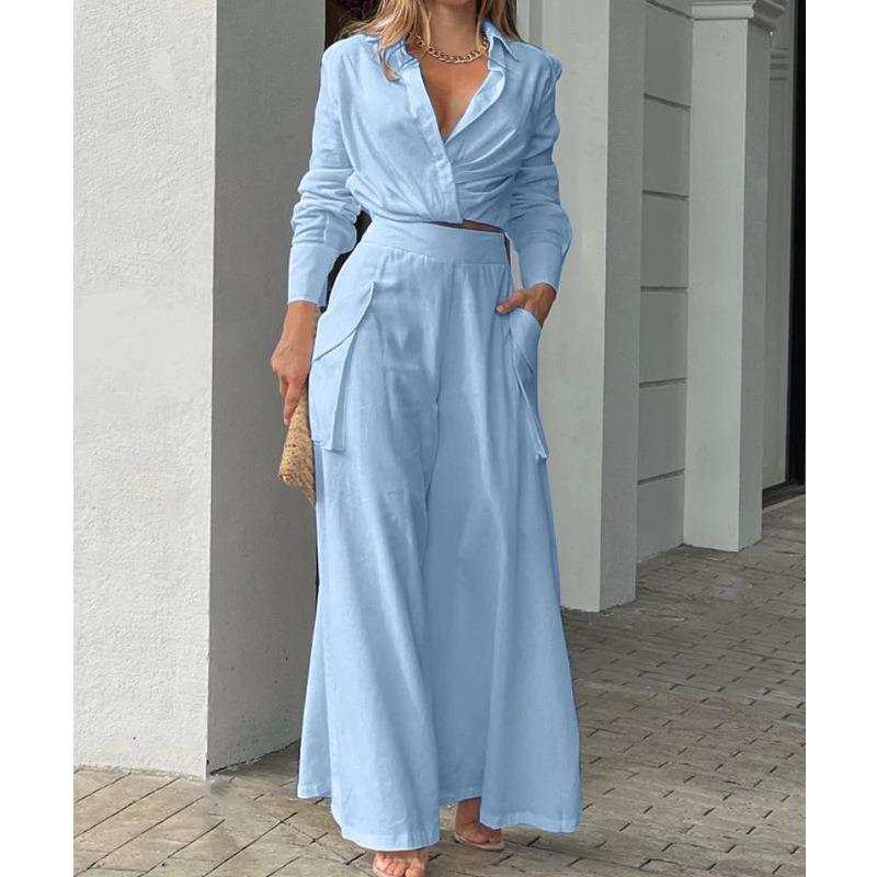 Women Casual Solid Color Long Sleeve Shirt High Waist Wide Leg Pants Two Piece Set