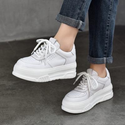 Genuine Leather Thick Sole Height Increasing White Shoes For Women Casual Flat Platform Shoes