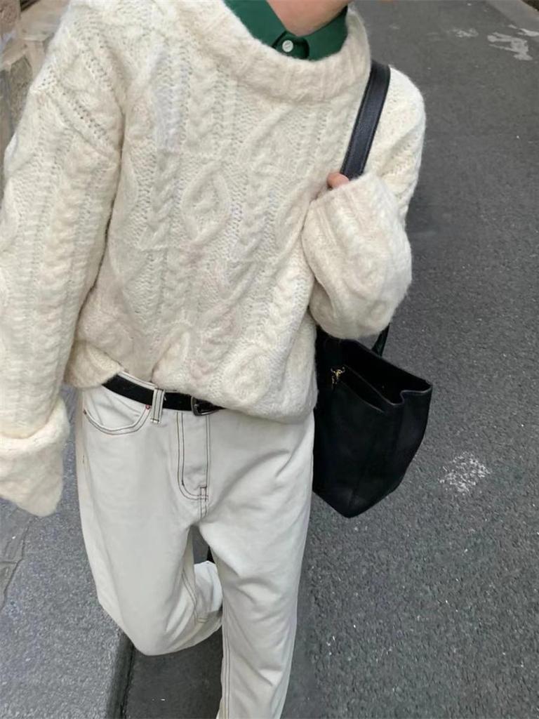 Chunky Knit Chunky Yarn Twisted Sweater Women's Outerwear Autumn Winter New Style Retro Lazy Style Loose Crew Neck Knit Top