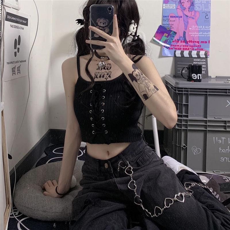 Gothic Grunge Y2k Crop Top bez zad Rukávový Dámský Kawaii Roztomilý Bílý Pletený Tílka Tank Topy Letní Móda Vesta Dámské Šněrovací Oblečení