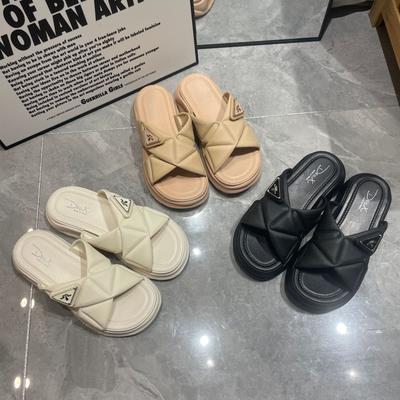 Crossed Slippers Women's New Summer Personalized Thickened Solid Color Sandals Round Head Leaking Toes One-word Flat Slippers