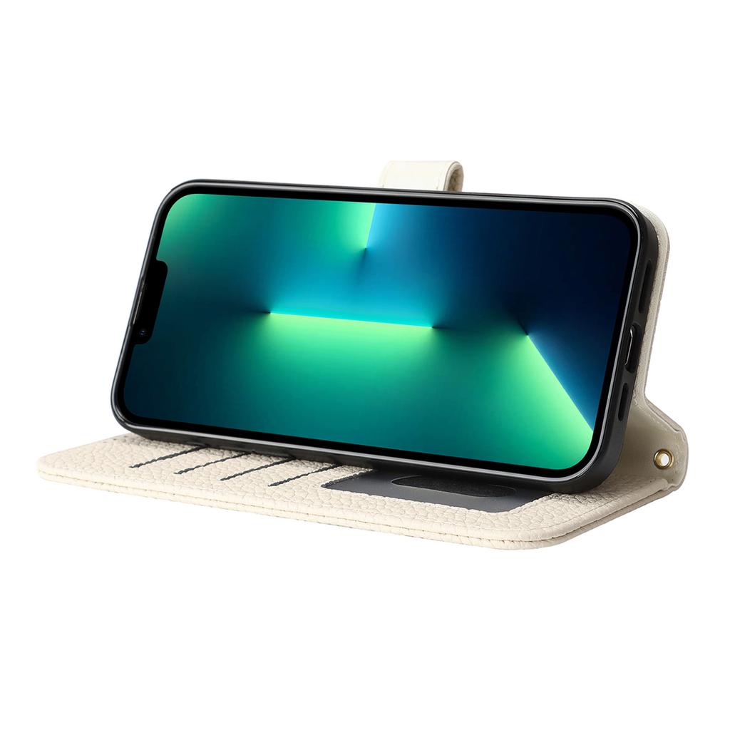 For iPhone 13 Pro Max/12 Pro Max Stand Case Litchi Texture Genuine Cow Leather Wallet Phone Cover RFID Blocking