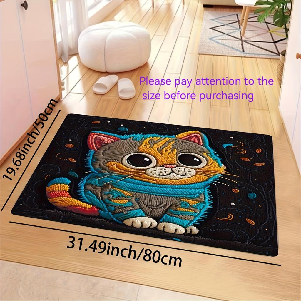 Plush Cat Floor Mat - Cute Cartoon Design Soft Washable Non-Slip Bath Kitchen Bedroom Rug for Indoor Home Decor